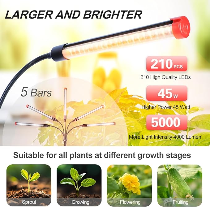 5-Head Table Top Grow Lights for Indoor Plants, Seed Starting, Bonsai with Timer, 45W Power Home