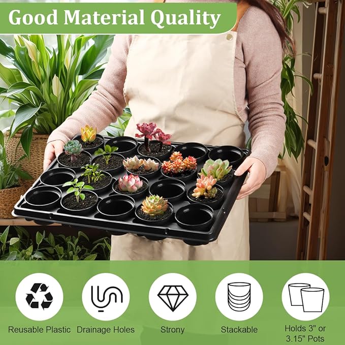 3 Inch Plastic Plant Pots 100 Pcs with 5 Pcs 20 Cell Seed Starter Trays, Thick Black Small Nursery
