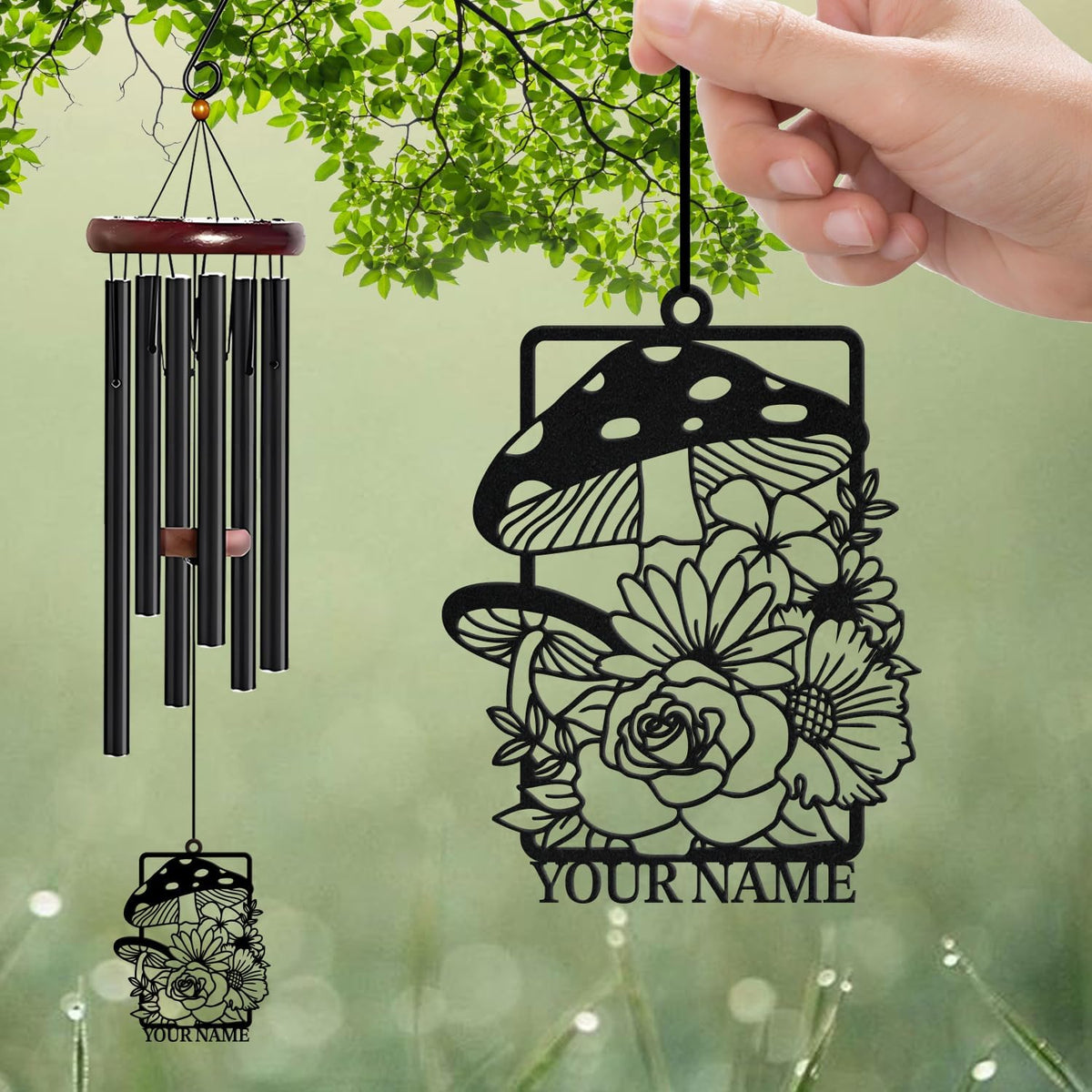 Personalized Customize Name Fantasy Mushroom Wonderland Wind Chime, Metal Iron 37 Inch Outdoor