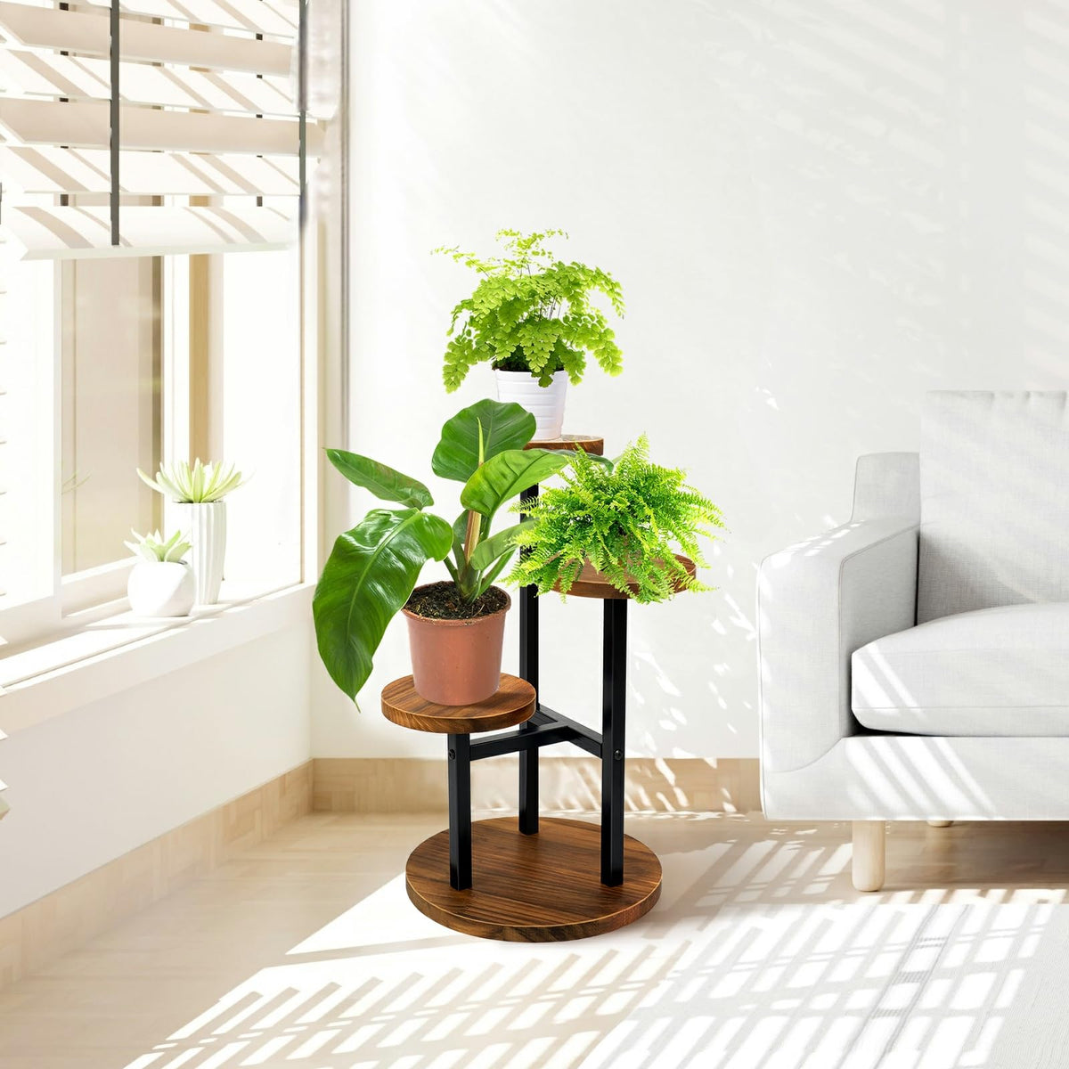 AUGOSTA 3 Tier Plant Stand, Tall Metal Wood Shelf Holder for Indoor, Outdoor Display Rack Flower