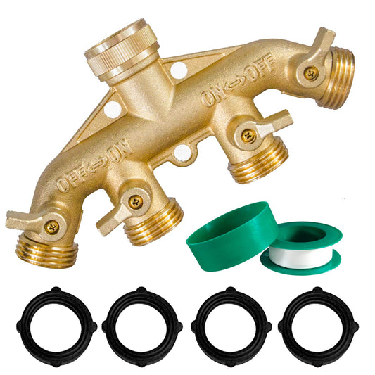 Hourleey Brass Garden Hose Splitter (4 Way), Solid Brass Hose Connector 3/4", Hose Spigot Adapter 4