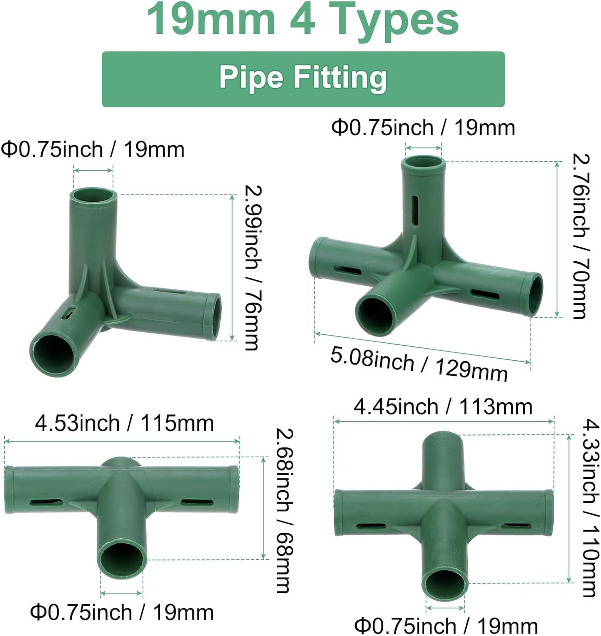 16 Pcs 19mm Greenhouse Frame Building Connectors, 4 Types Pipe Fitting for Grape Trellis/Sunscreen