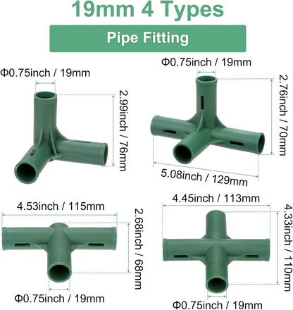 16 Pcs 19mm Greenhouse Frame Building Connectors, 4 Types Pipe Fitting for Grape Trellis/Sunscreen