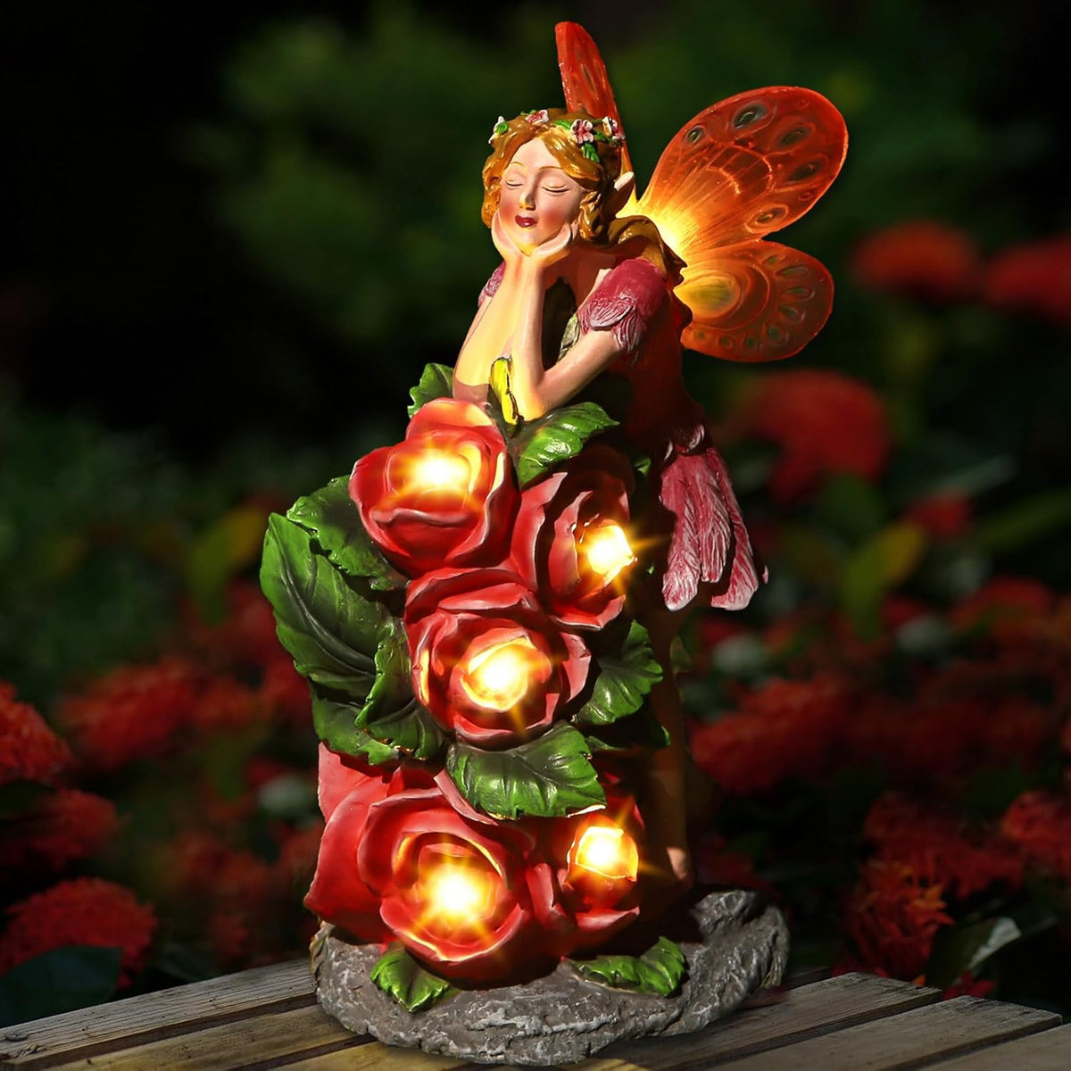 Solar Garden Outdoor Statues Cute Flower Fairy with 7 LED Solar Figurine for Lawn,Patio, Balcony