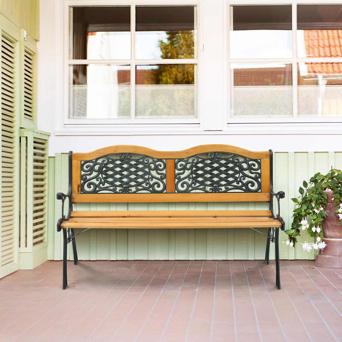 VINGLI Classic Cast Iron & Teak Arched Back Rectangular Outdoor Bench, 3-Seater, 470 lbs Capacity