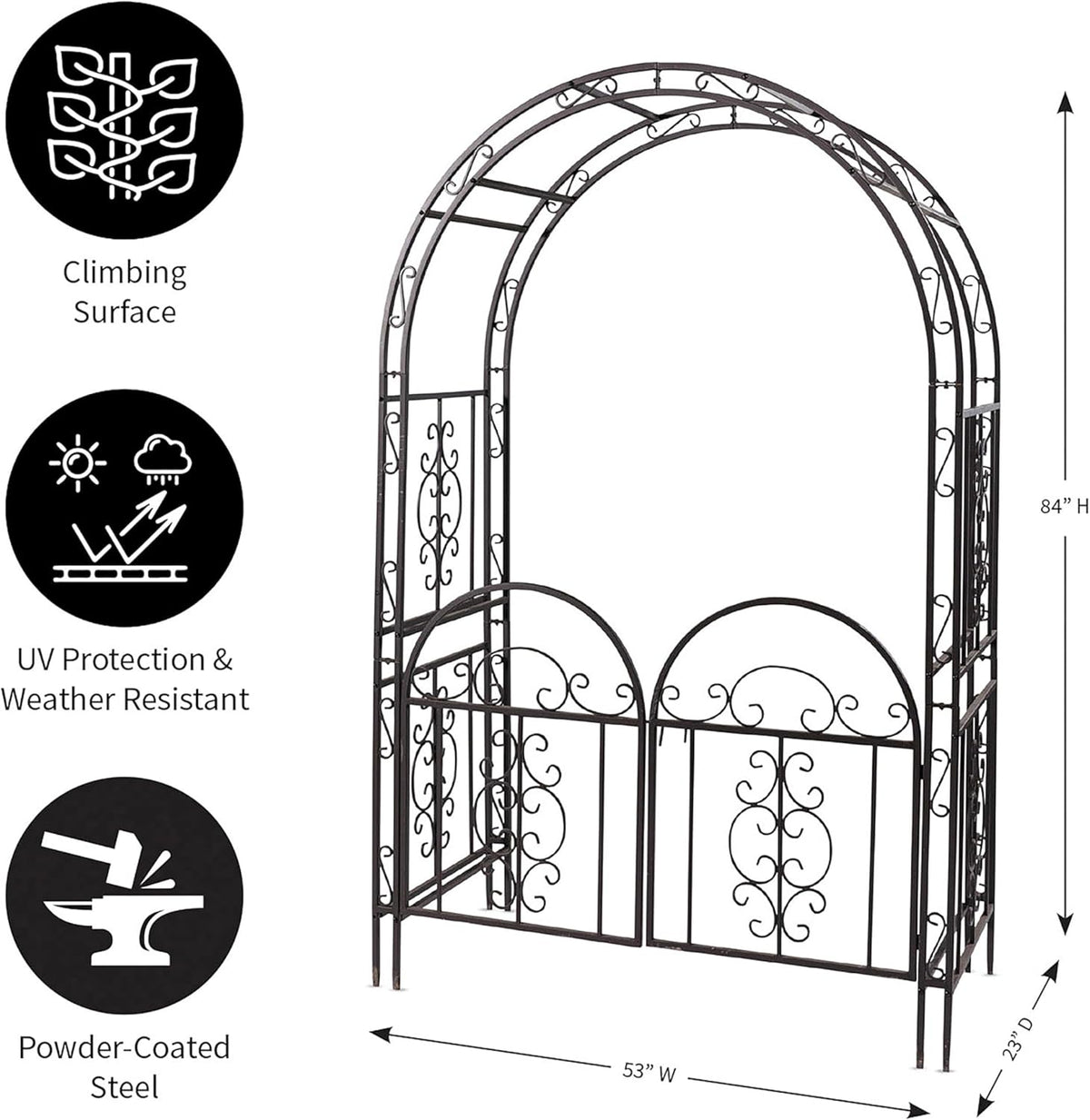 Plow & Hearth Arch Metal Outdoor Garden Arbor Double Gate | Montebello | 7 Feet Tall | Gunmetal