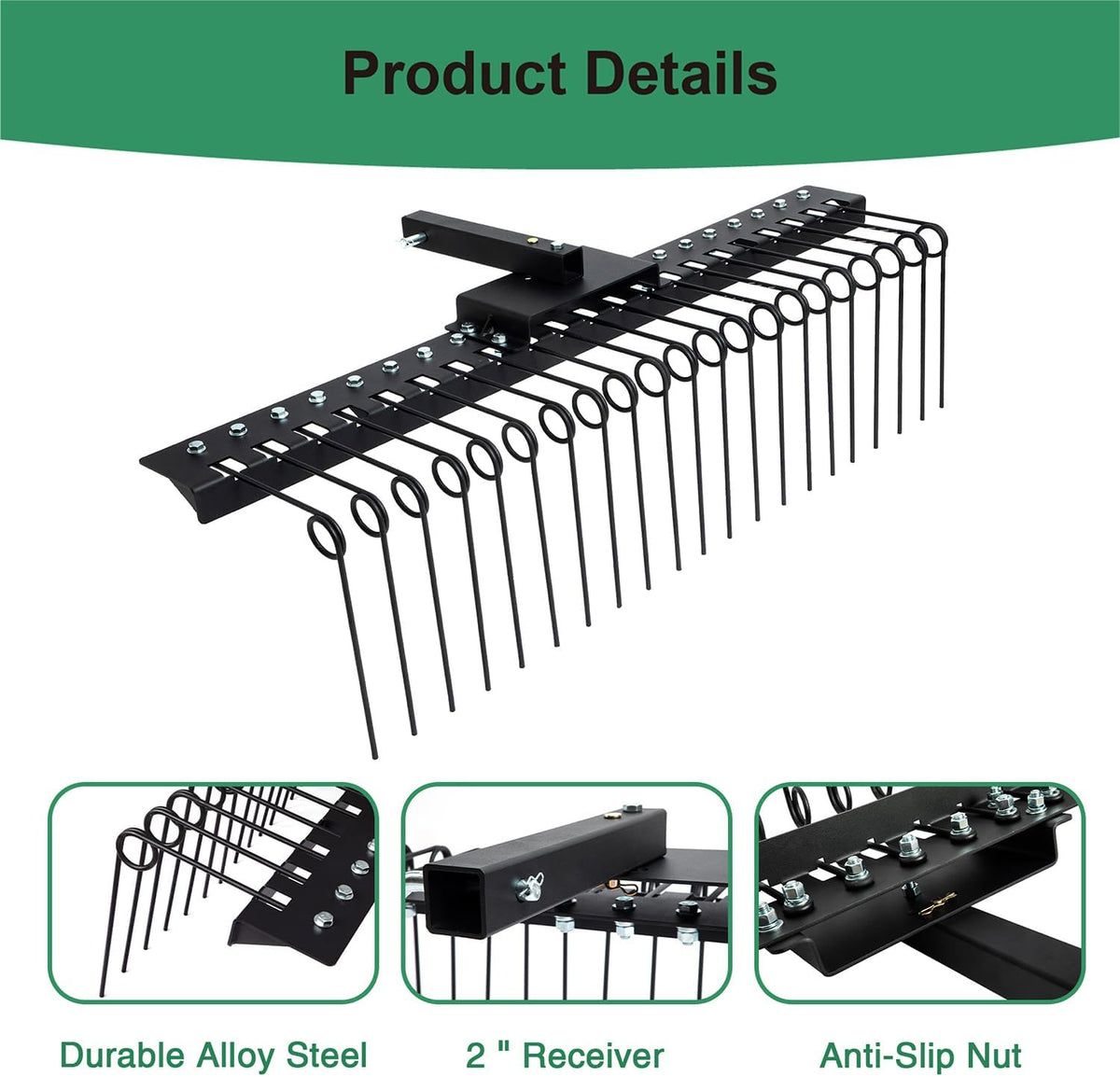 5FT Durable Pine Straw Rake Steel Spring Landscape Rake Fits 2" Receiver for Lawn Tractors or