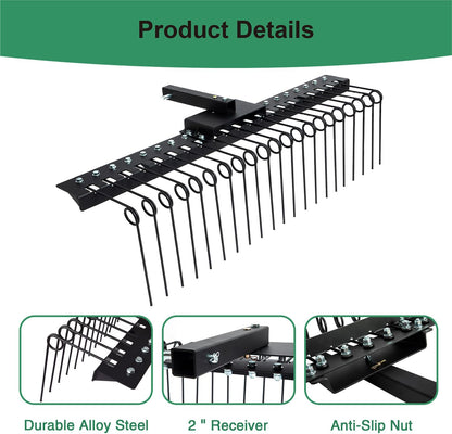 5FT Durable Pine Straw Rake Steel Spring Landscape Rake Fits 2" Receiver for Lawn Tractors or