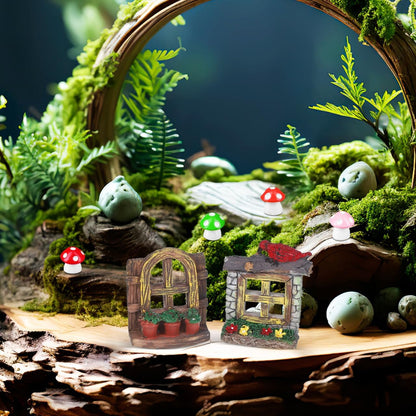 VOSAREA 4PCS Fairy Garden Windows and Door Set - Miniature Resin Gnome House Accessories for