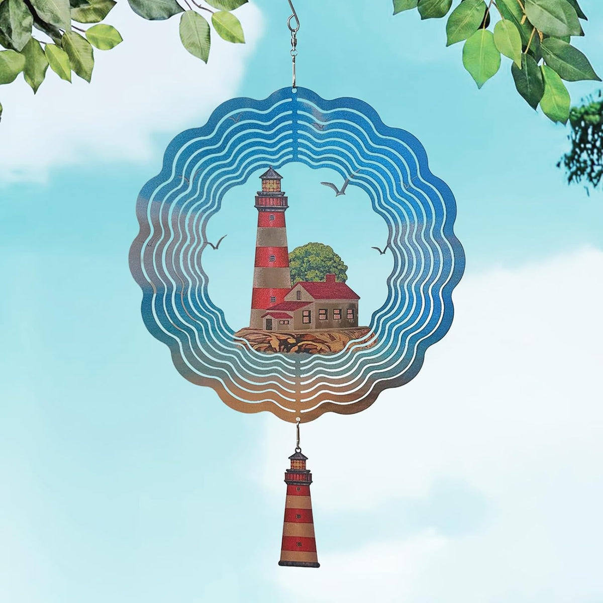 Lighthouse Wind Spinner,Metal Wind Spinners for Outdoor,3D Double Sided Hanging Beach Decor for