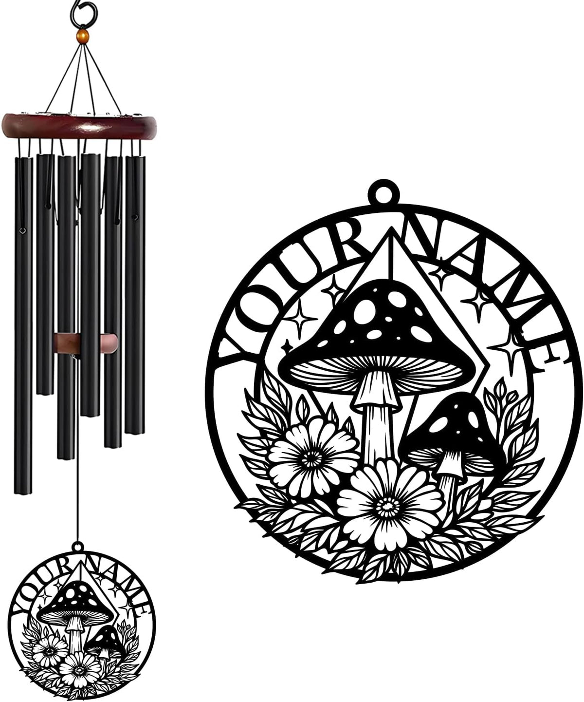 Personalized Customize Name Fantasy Mushroom Wonderland Wind Chime, Metal Iron 37 Inch Outdoor