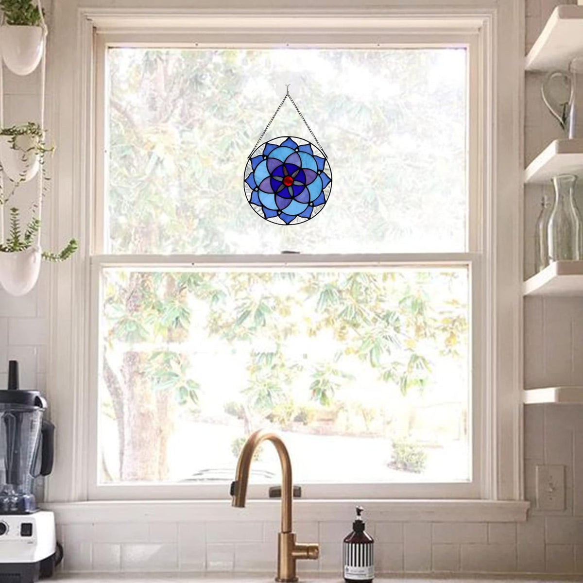 Flower of Life Decor Stained Glass Window Hanging,Sacred Geometry Spiritual Gift for Mom on