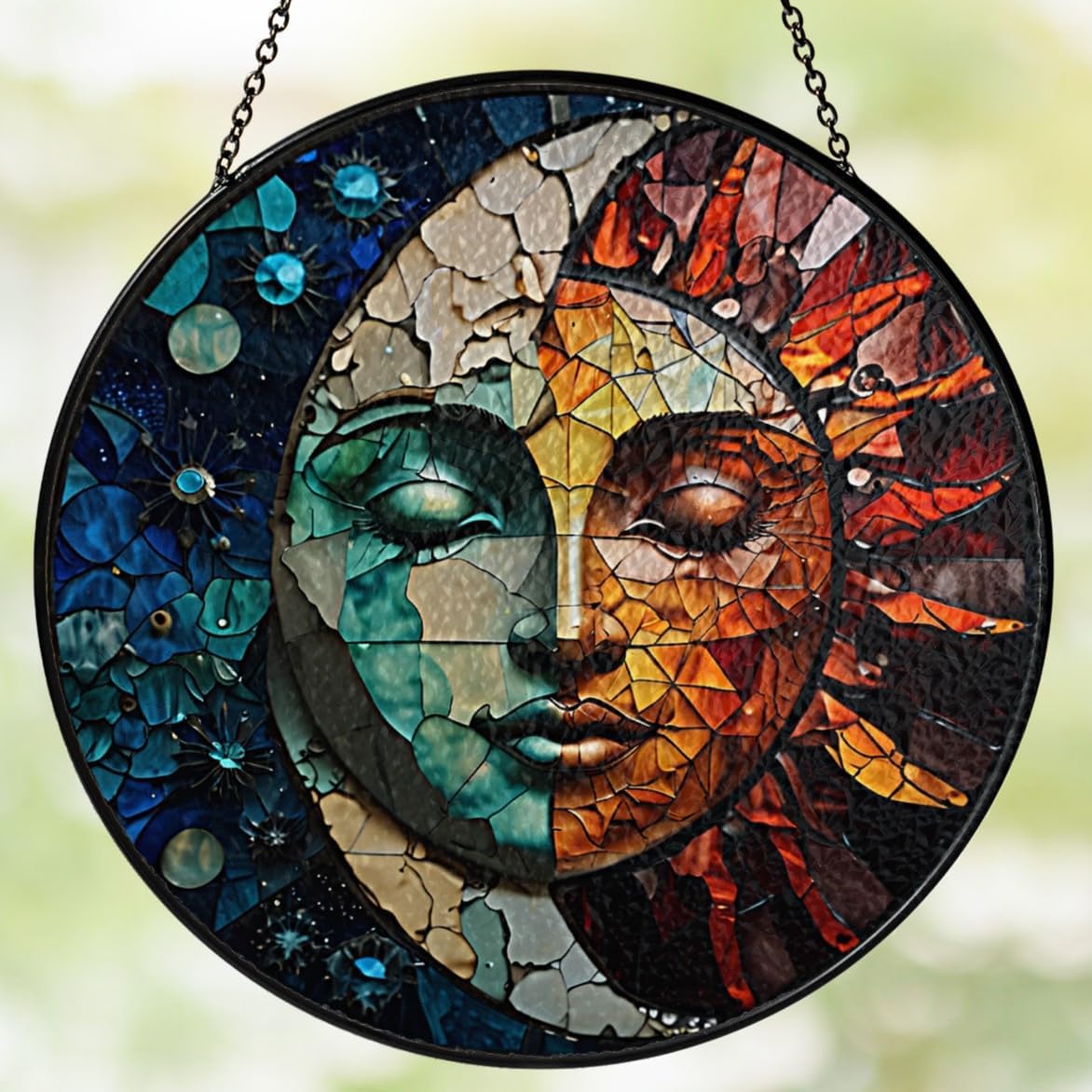 7.8" Sun and Moon Stained Glass Suncatchers Art Glass Celestial for Sun Catcher Indoor Window Gifts