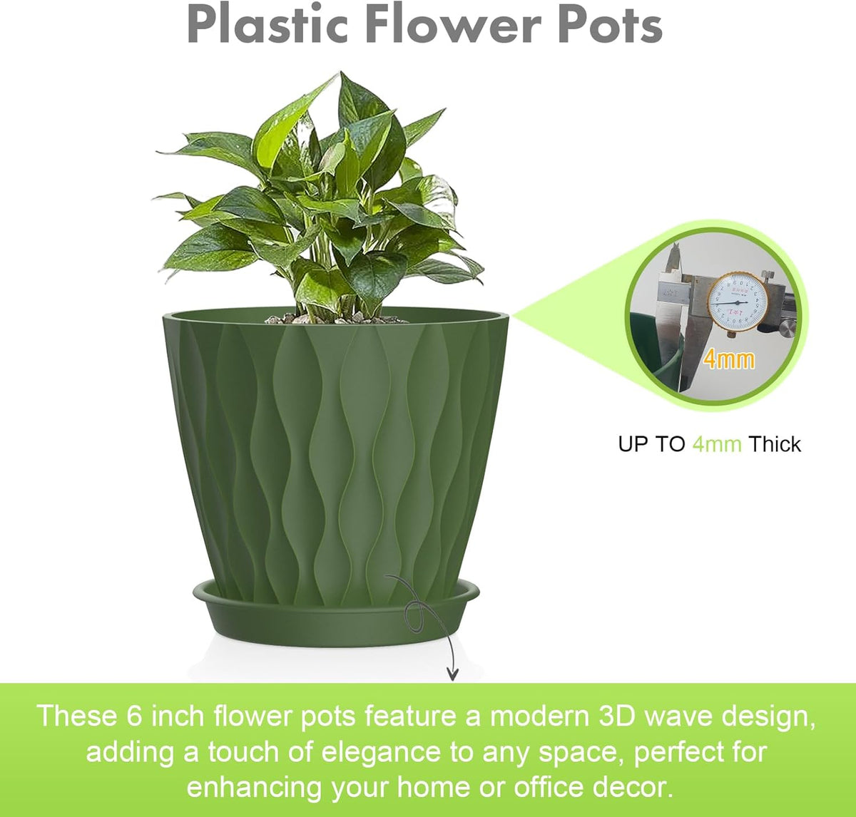 6 inch Plant Pots, 5Pack Water Ripple Flower Pots for Indoor Outdoor Plants, Plastic Planters with