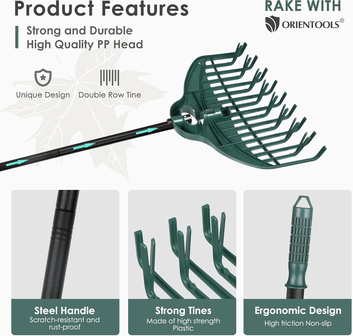 ORIENTOOLS 17Tines Double Row Garden Rake Set with 9Tines Leaf Hand Rakes, 272L Leaves Bin and