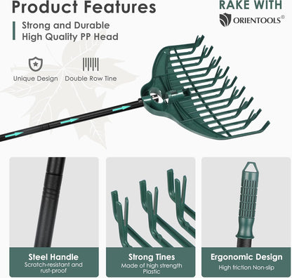 ORIENTOOLS 17Tines Double Row Garden Rake Set with 9Tines Leaf Hand Rakes, 272L Leaves Bin and