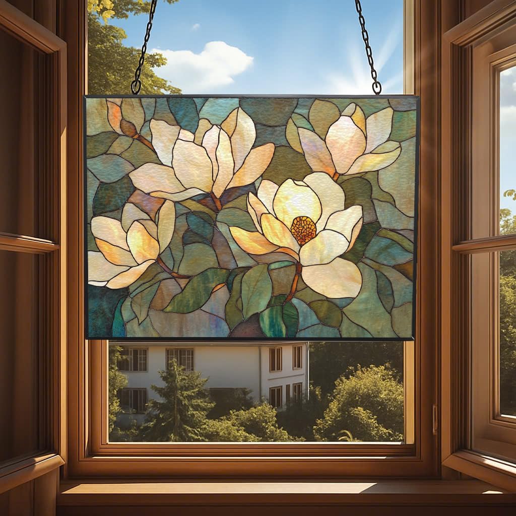 Rectangle Art Nouveau Twilight Magnolia Stained Glass Window Hanging, 15" W X 11" H Stained Glass