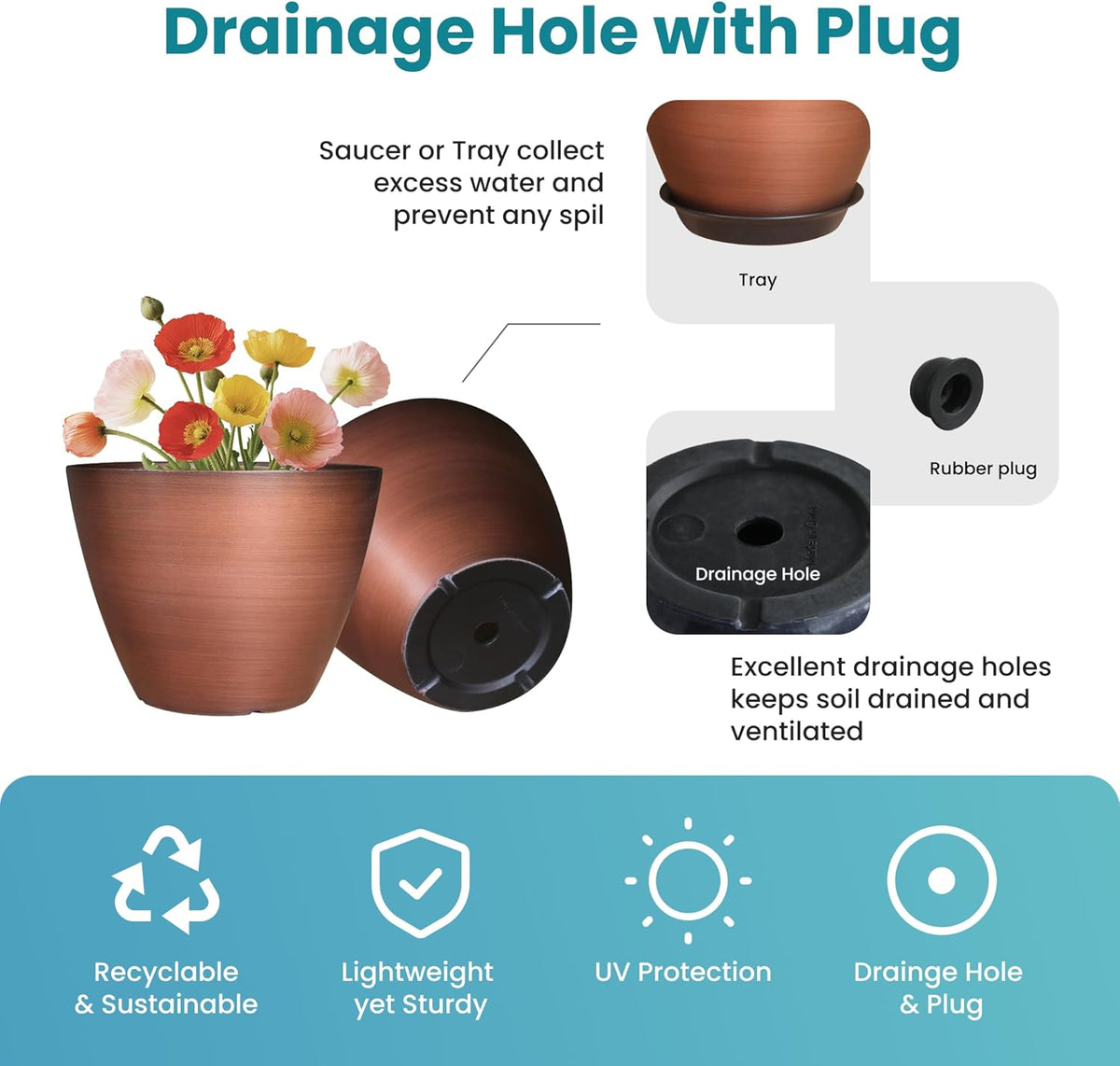 2 Pack Plastic Plant Pots with Drainage Holes, 8 inch Planter for Indoor Outdoor Plant, Garden