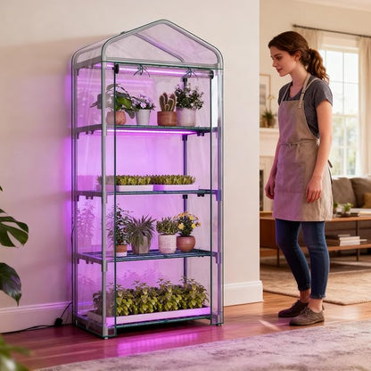 Indoor Greenhouse with Grow Light, 4-Tier Mini Greenhouse 27.6"x19"x63" Small Greenhouse with