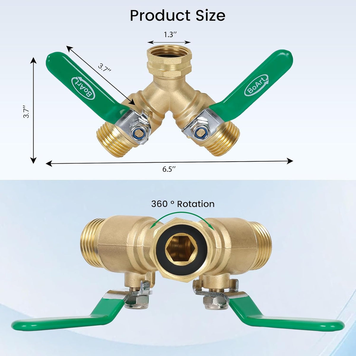 BoArt Brass Garden Hose Splitter 2 Way Heavy Duty, Y Valve Hose Splitter With Stainless Steel Long