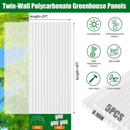 Polycarbonate Greenhouse Panels 5 Pack 4' x 2' x 0.16" Twin-Wall UV-Protected All Weather Plastic