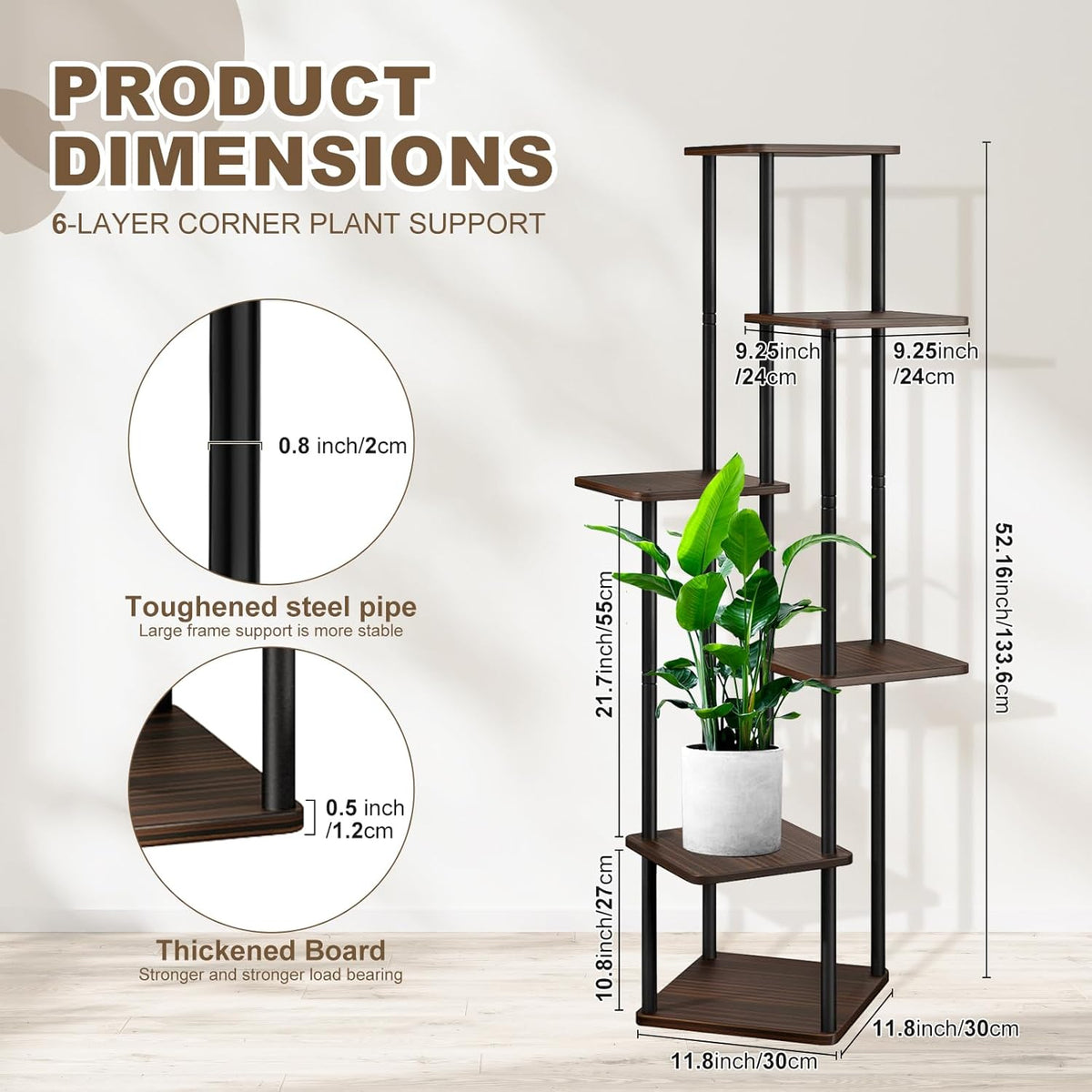 6 Tier Wood Tall Plant Stand Metal Rack Indoor, Multiple Flower Pot Holder Shelves Corner Rack