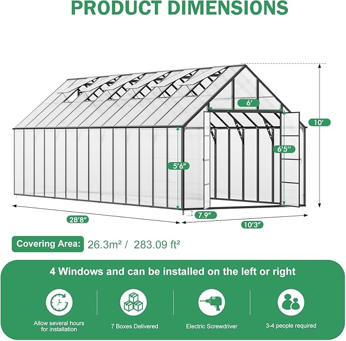 CDCASA 10x28 FT Greenhouse for Outdoors,Large Easy Assembly Thicker Aluminum Polycarbonate