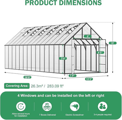 CDCASA 10x28 FT Greenhouse for Outdoors,Large Easy Assembly Thicker Aluminum Polycarbonate