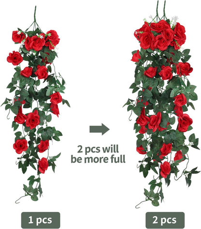 RECUTMS Hanging Flowers Artificial Hanging Rose Flower 2PCS 3.3Ft for Outdoors with 30 LED Fairy