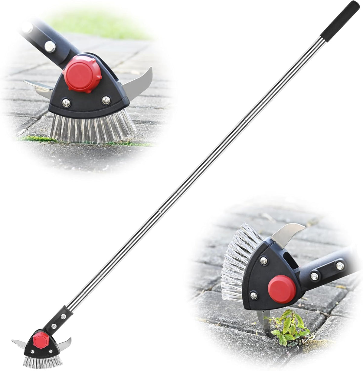 Crack Weeder Long Handle 3-in-1 Adjustable Crevice Cleaning Tool with Stainless Steel Weed Brush