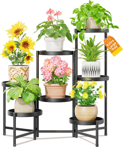 LASZOLA 7 Tiered Folding Plant Stand Indoor for Multiple Large Planter, Tall Heavy Duty Adjustable