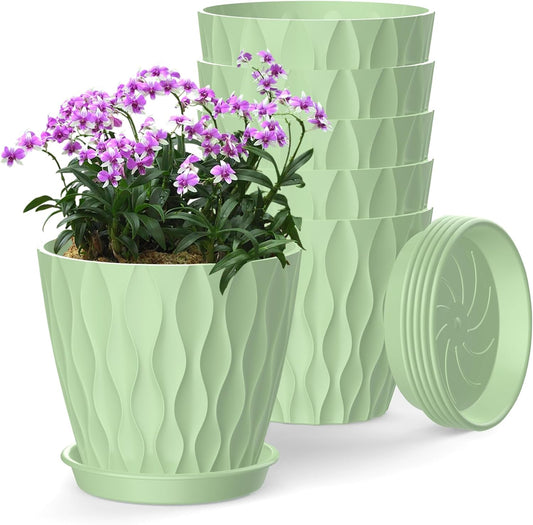 6 Inch Plant Pots, 6 Pack Indoor Flower Pots, Planters with Drainage Holes and Trays for Orchids