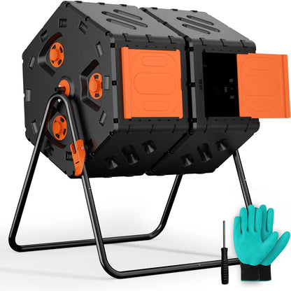 Compost Bin Outdoor 45 Gallon/170L, Fast Assemble Compost Tumbler, 360°Rotating Dual Chamber Large
