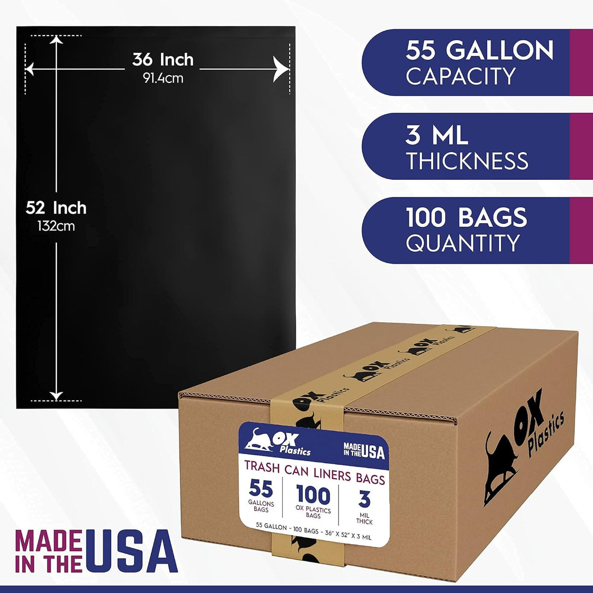 55 Gallon Trash Bags Heavy Duty – Large Black Contractor Bags 36x52" – Industrial, Yard Waste, Lawn