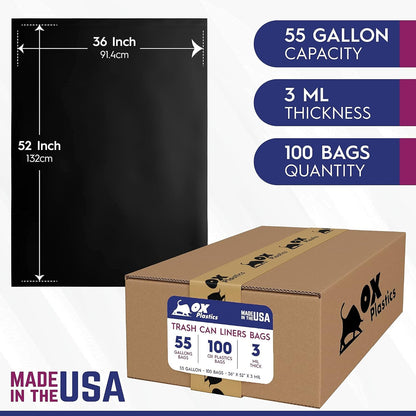 55 Gallon Trash Bags Heavy Duty – Large Black Contractor Bags 36x52" – Industrial, Yard Waste, Lawn