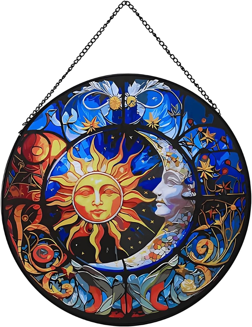 Hanging Stained Glass for Windows,20cm/7.87inch Sun and Moon Hand-Painted Sun Catcher Garden