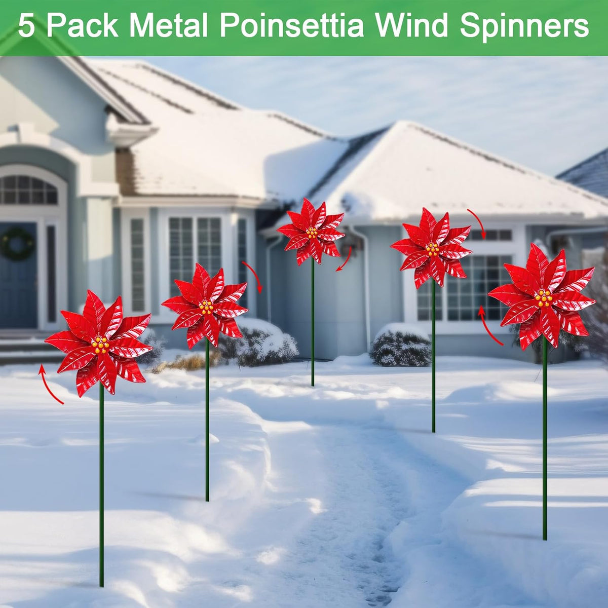 5 Pack Metal Poinsettia Wind Spinners for Garden,Outdoor Lawn Ornaments,Christmas Yard