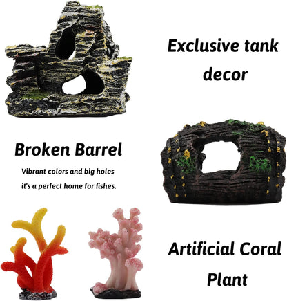Fish Tank Decorations Plants with Resin Broken Barrel and Cave Rock View, 15pcs Aquarium
