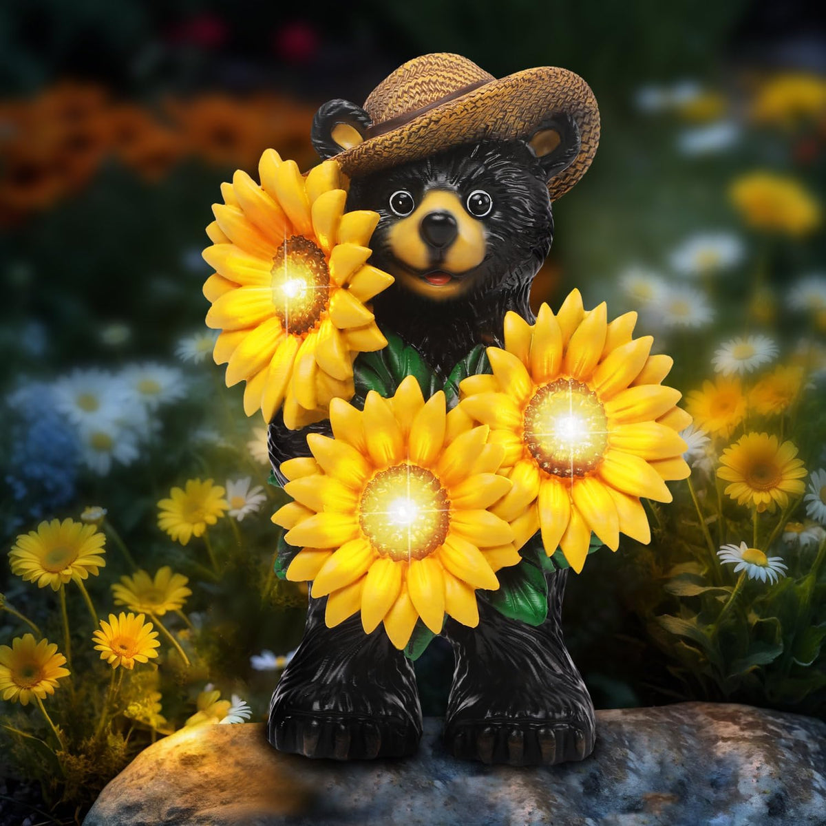 Bear Statue with Sunflowers LED Light 7.2" Solar Lamp Outdoor Garden Patio Yard Porch Lawn Decor