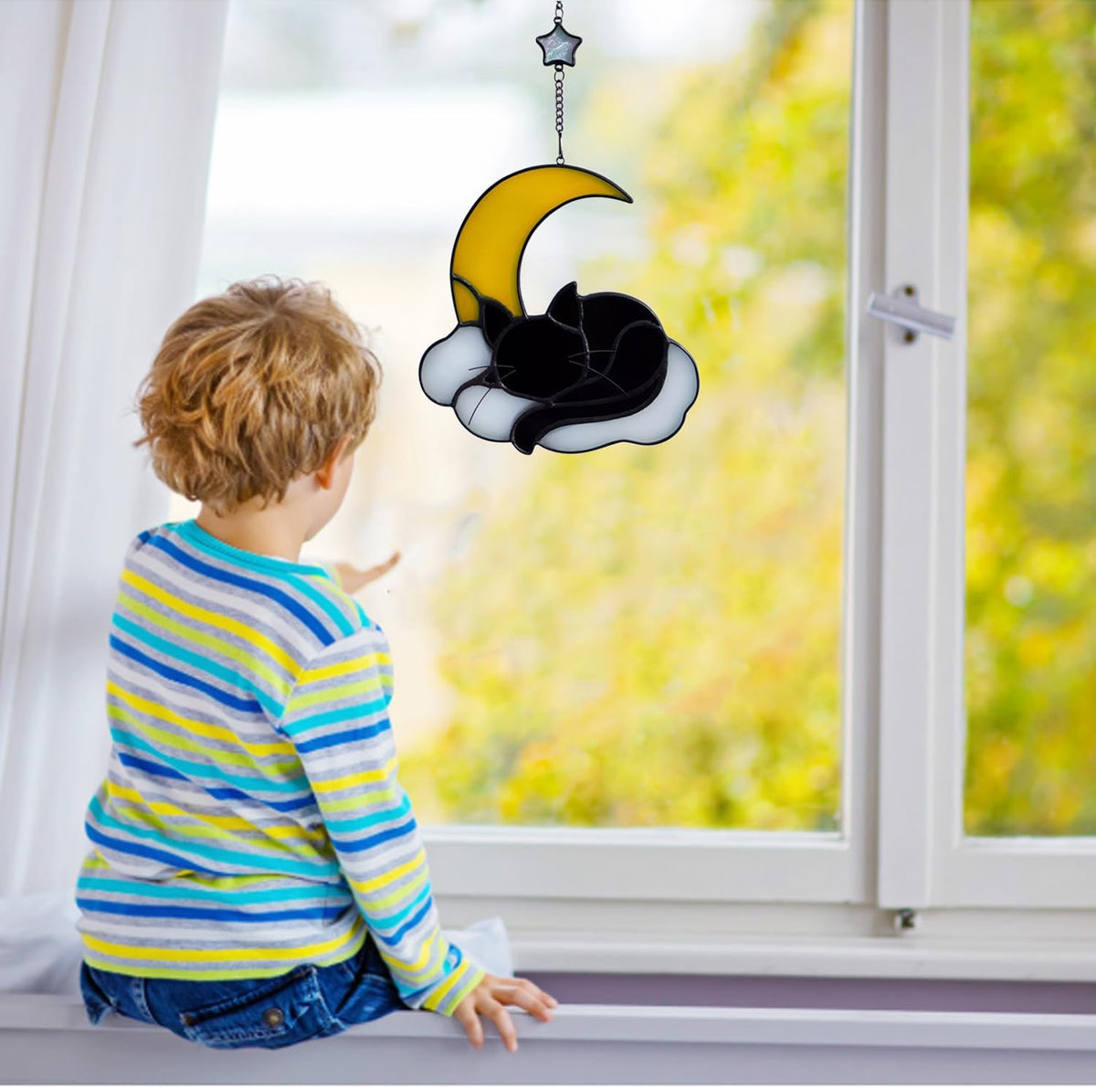 Sleeping Cat Stained Glass Windown Hanging,The Black cat Sleeping Under The Companionship of Stars