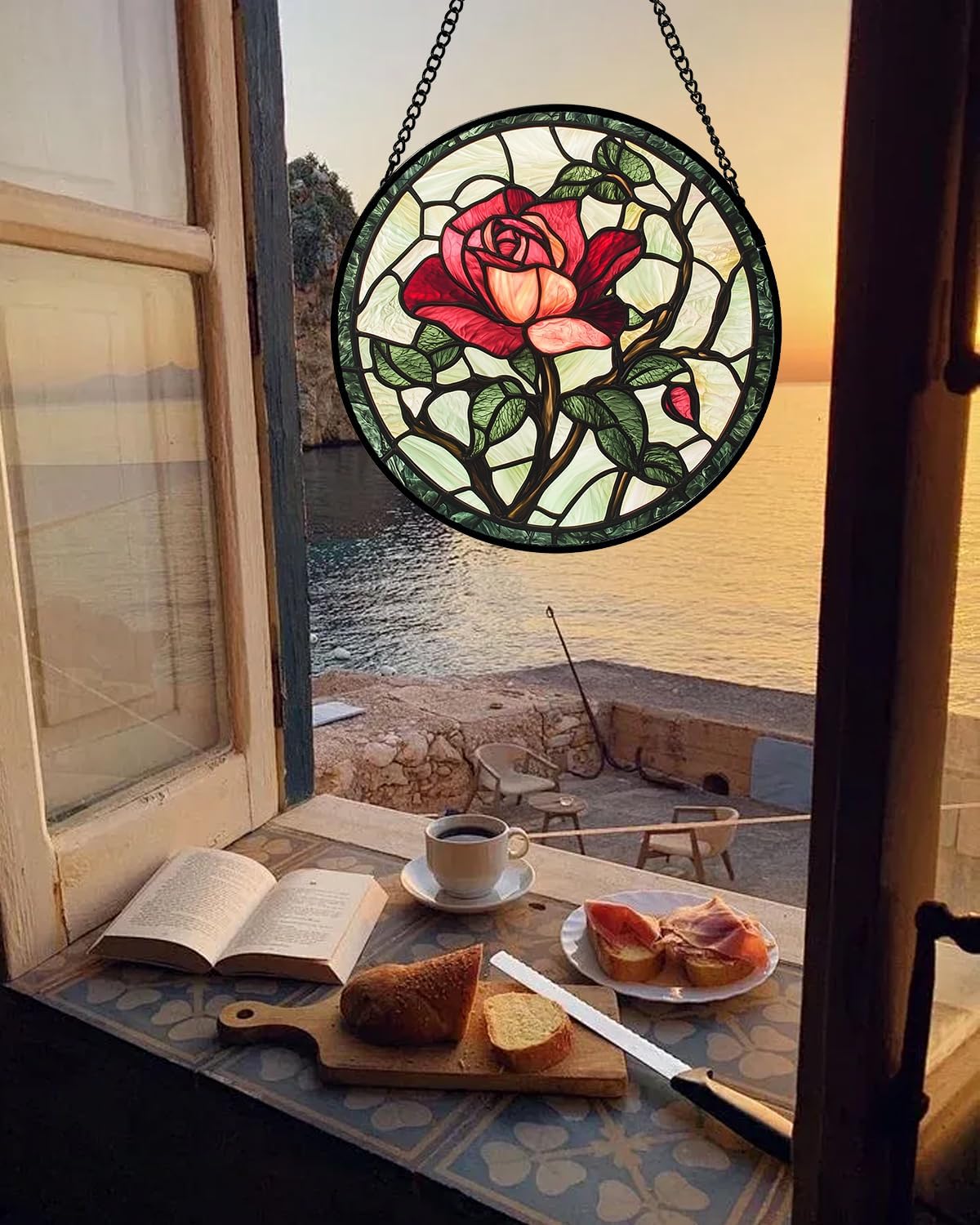 Stained Glass Window Hanging, Red Rose Flowers Sun Catcher for Door Garden Home Decor Suncatcher