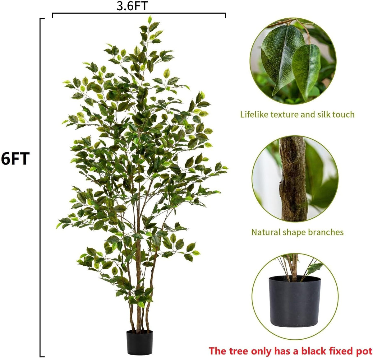 Artificial Ficus Tree Indoor 6ft, Large Potted Faux Tree with Realistic Silk Leaves & Trunk for