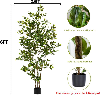 Artificial Ficus Tree Indoor 6ft, Large Potted Faux Tree with Realistic Silk Leaves & Trunk for