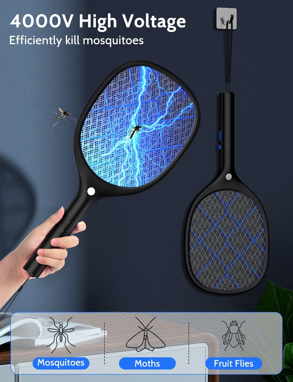 YISSVIC Electric Fly Swatter Bug Zapper Racket 4000V Rechargeable Mosquito Killer with LED Light