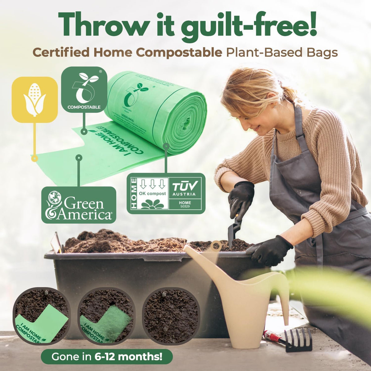 50 Count Compost Bags for Countertop Bin - 13 Gallon Compostable Trash Bags made of Cornstarch