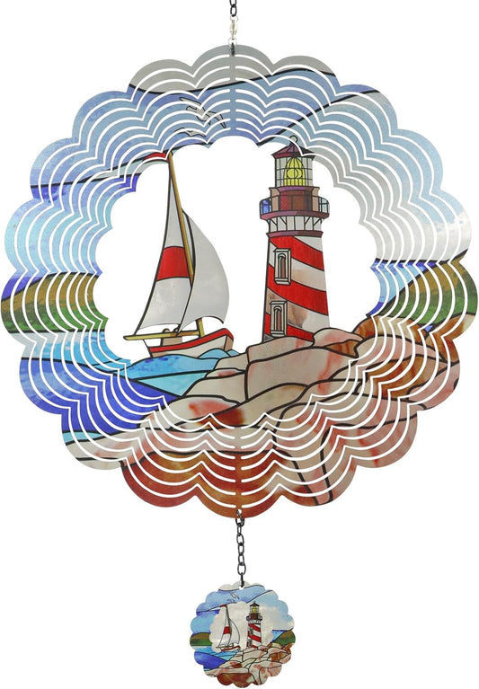 Lighthouse 3D Wind Spinner Kinetic Metal Art Hanging Wind Spinner Outdoor Decoration Ocean