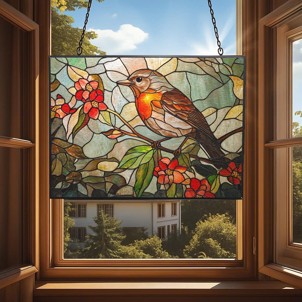 Personalized Rectangle Art Nouveau Honeysuckle Robin Stained Glass Window Hanging, Suncatcher for