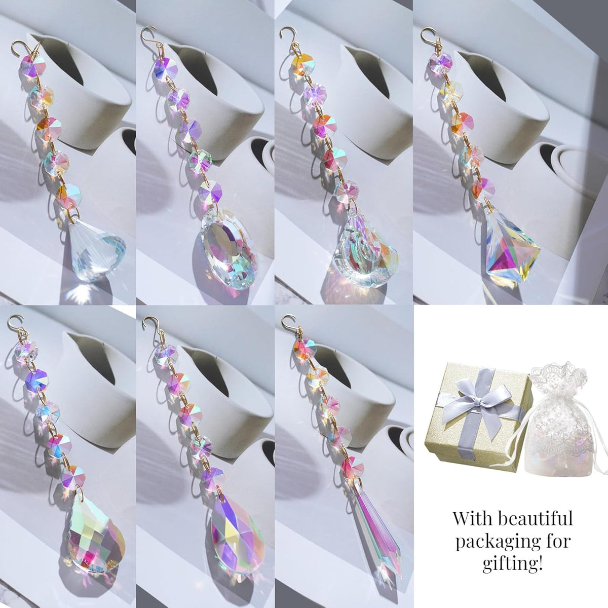 Sun Catchers for Windows Hanging, 7 Pcs Colored Crystals Suncatchers Prisms Glass Pendant Ornament