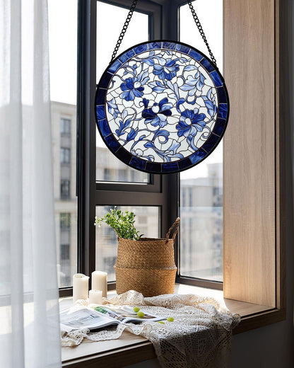 Stained Glass Window Hanging, Blue and White Abstract Flowers Sun Catcher for Door Home Decor