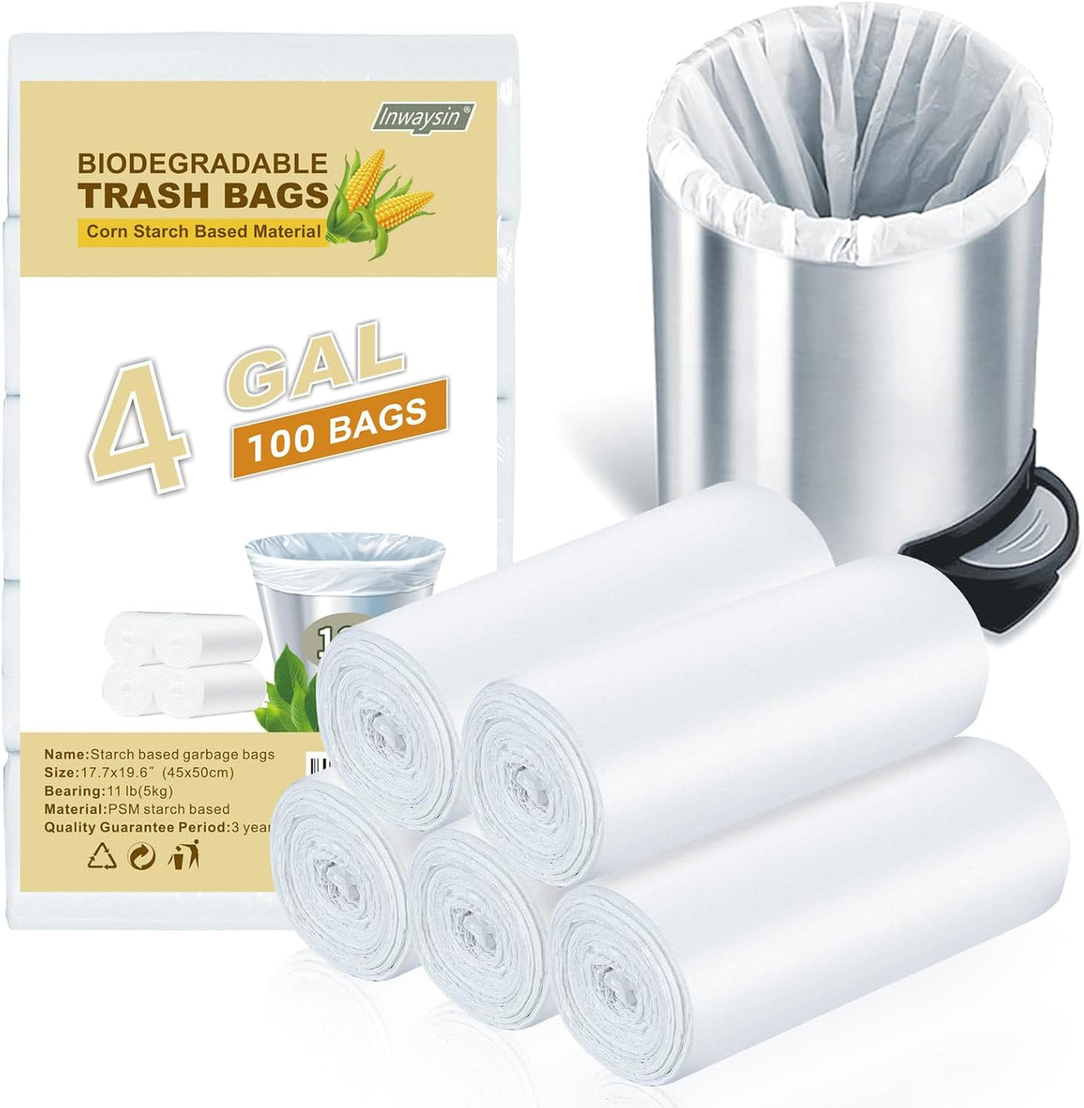 Small White Trash-Bags Bathroom 4 Gallon - Compostable Garbage Bags 4 Gallon 100 Count